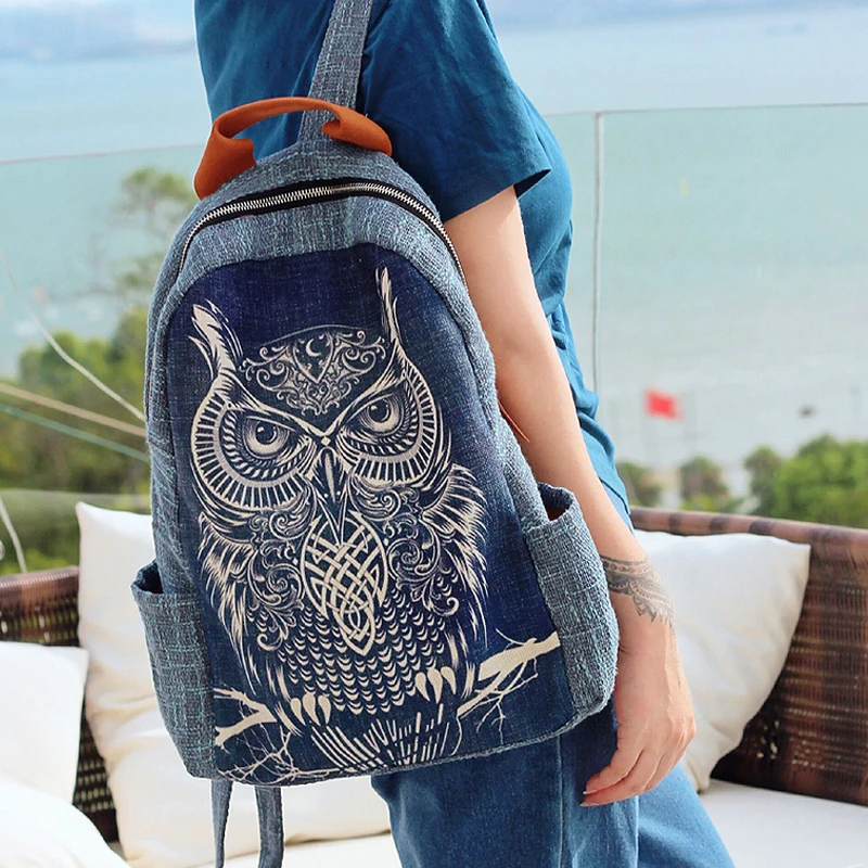 Summer Unisex Cotton Hemp Travel Backpack Vintage casual large Size Owl pattern Original canvas bags