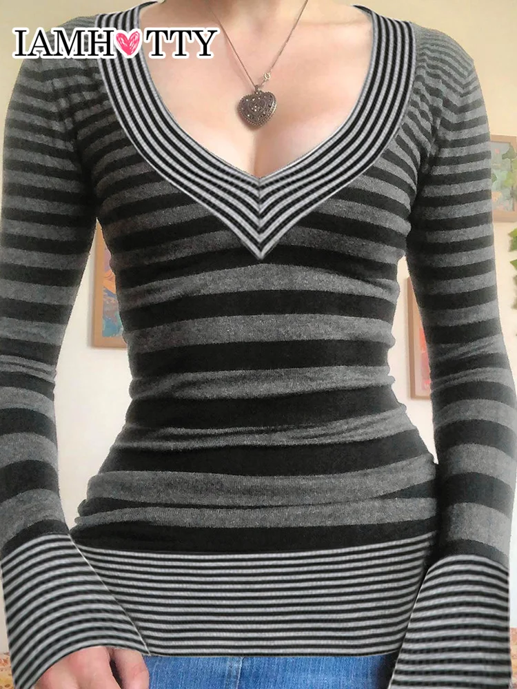 

IAMHOTTY Y2K винтажная полосатая футболка с V-образным вырезом, сексуальный контрастный лоскутный Топ, Элегантная Модная одежда с длинным рукаво...