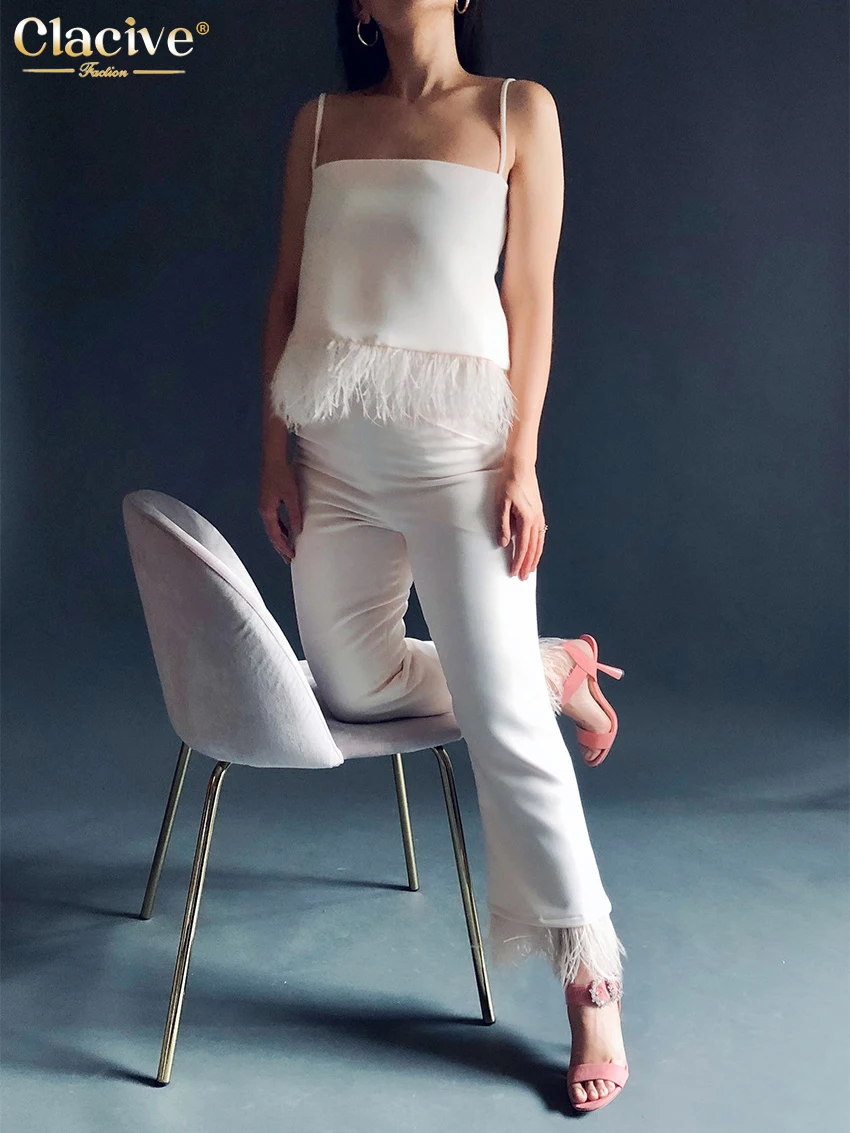 

Clacive Sexy Sleeveless Crop Top Set Woman 2 Pieces Summer Bodycon White Feather Pants Set Lady Elegant High Waist Trouser Suits