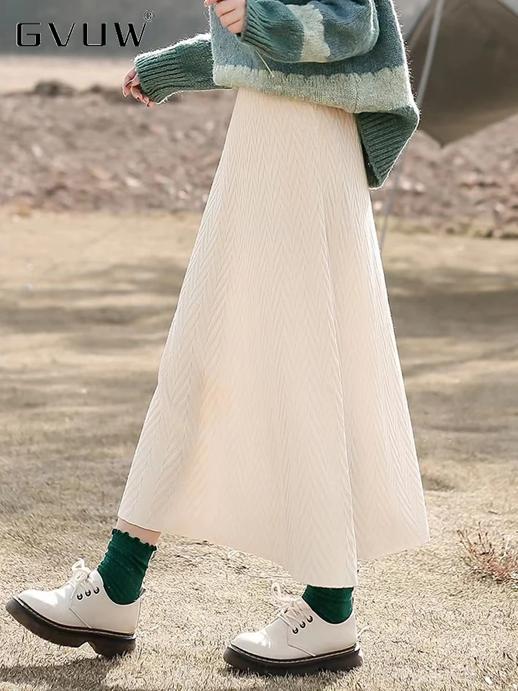

GVUW Knitted Skirt For Women Autumn Solid Color Large Swing 2023 New High Waist Mid Length Umbrella A-line Skirts Female 17G2480