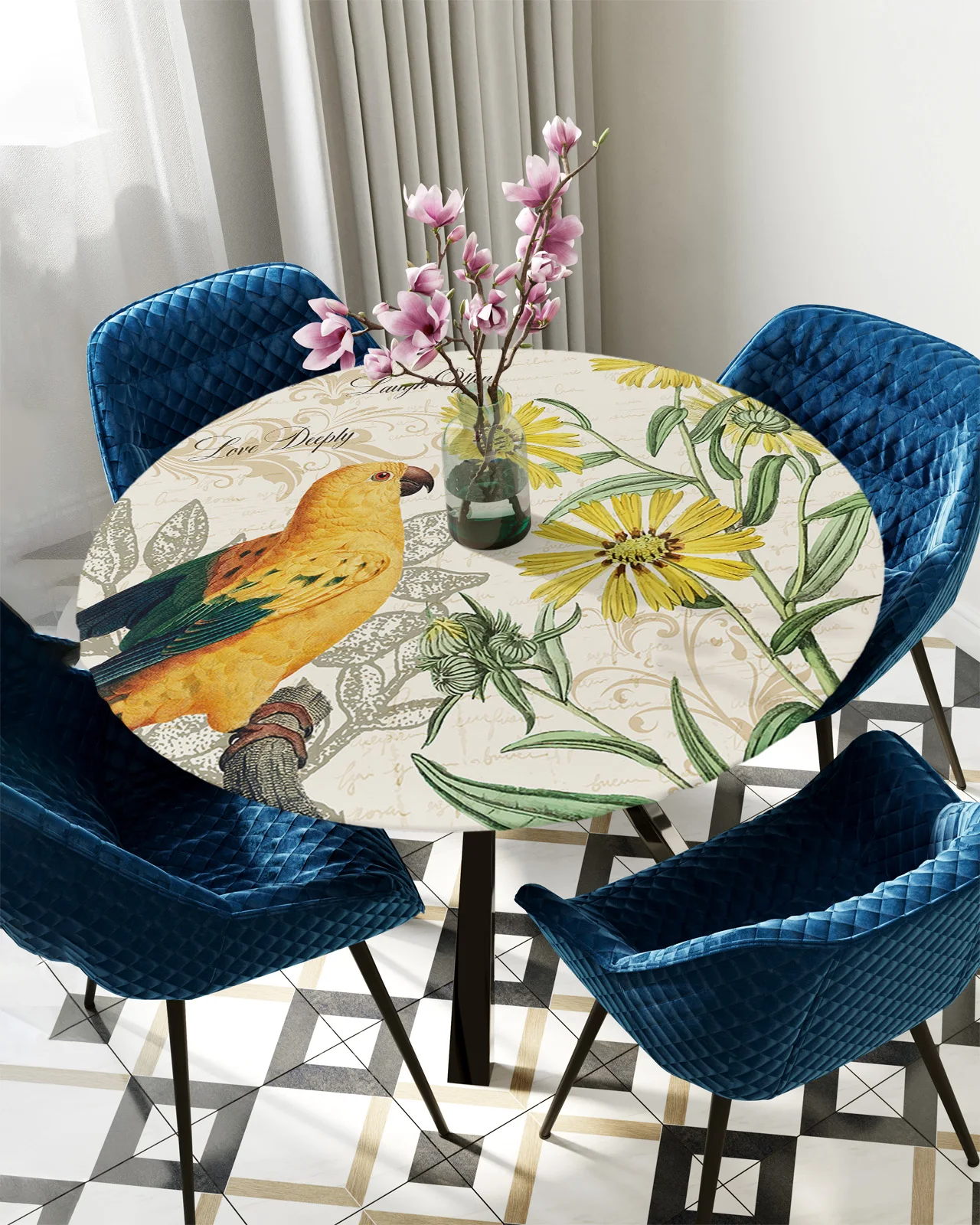 

Круглая прямоугольная скатерть в стиле ретро с желтым попугаем и подсолнухом, водонепроницаемая эластичная скатерть для украшения дома