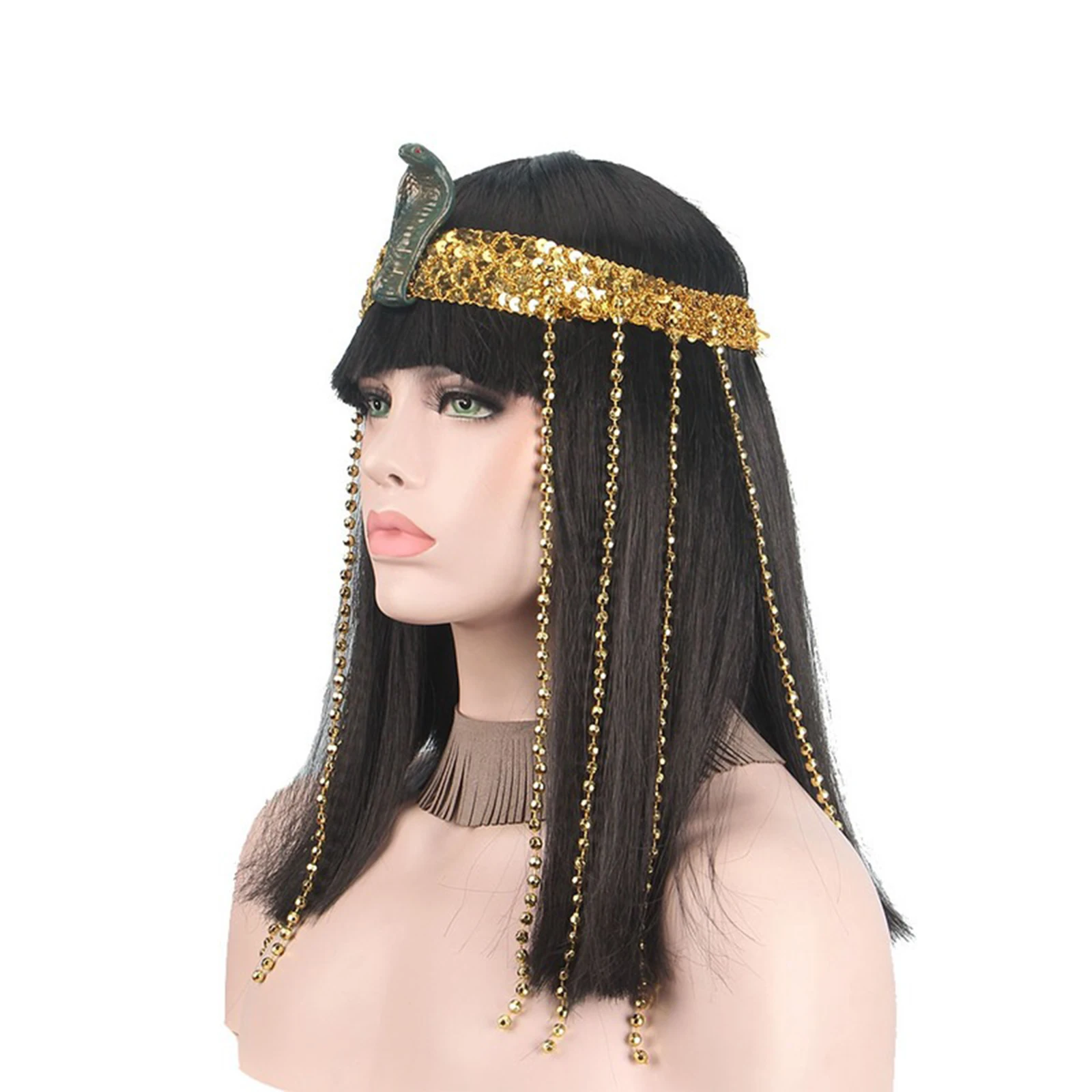 

Cleopatra Egyptian Queen Wigs Fringe Beads Snake Headband Blunt Bangs Straight Hair Wig Neck Collar Halloween Cosplay Accessory