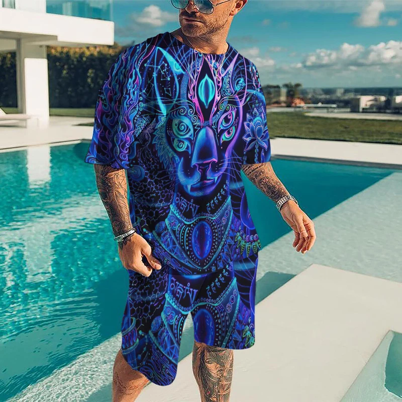 

2022 New Men's T-Shirt Funny Animal 3D Printing Casual Trend Short Sleeve Shorts 2-Piece Sports Suit
