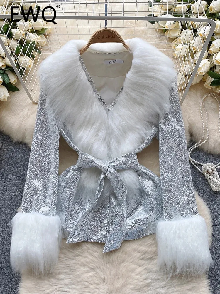 

EWQ Sweet Style Women Coat Leather Collar Sequins Bandage Long-sleeve With Belt Female Coats Winter Spring 2024 New 27SN4802