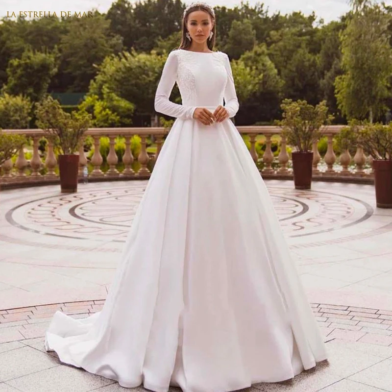 

Атласное свадебное платье с аппликацией для невесты, элегантное платье с длинными рукавами, минималистичное платье принцессы, мусульманск...