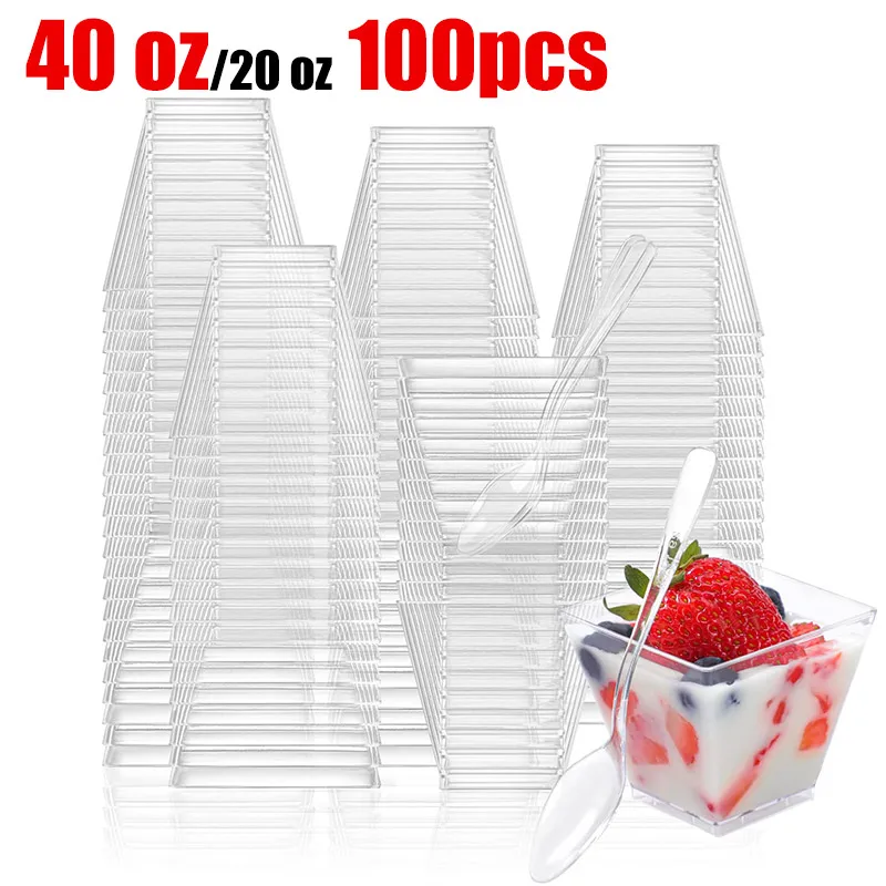 

100 шт., квадратные пластиковые мини-чашки для десертов, 40/20 унций