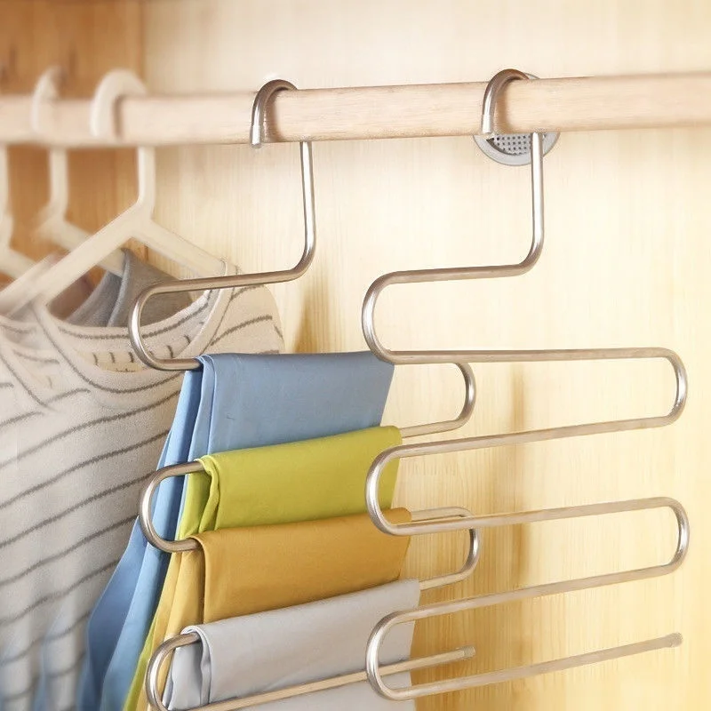 

Stainless Steel Trousers Hanger Multifunction Pants Closet Belt Holder Rack S-type 5 Layers Saving Space Closet Space Saver