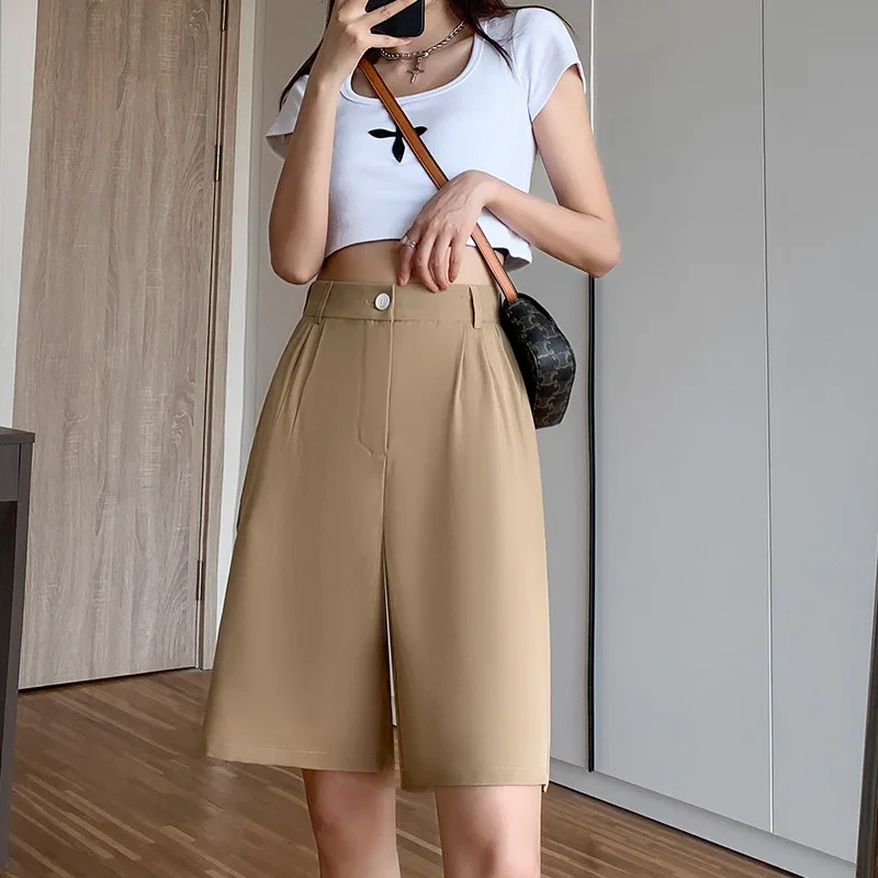 Women's Summer Shorts 2023 Long with High Waist Female Loose White Classic Knee-Length Office Wide Women's Shorts Black Green