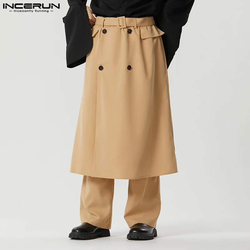 

Stylish Casual Style Men's Trousers INCERUN Double Breasted Decorative Skirt Pants Casual Street Solid Wide Leg Pantalons S-5XL