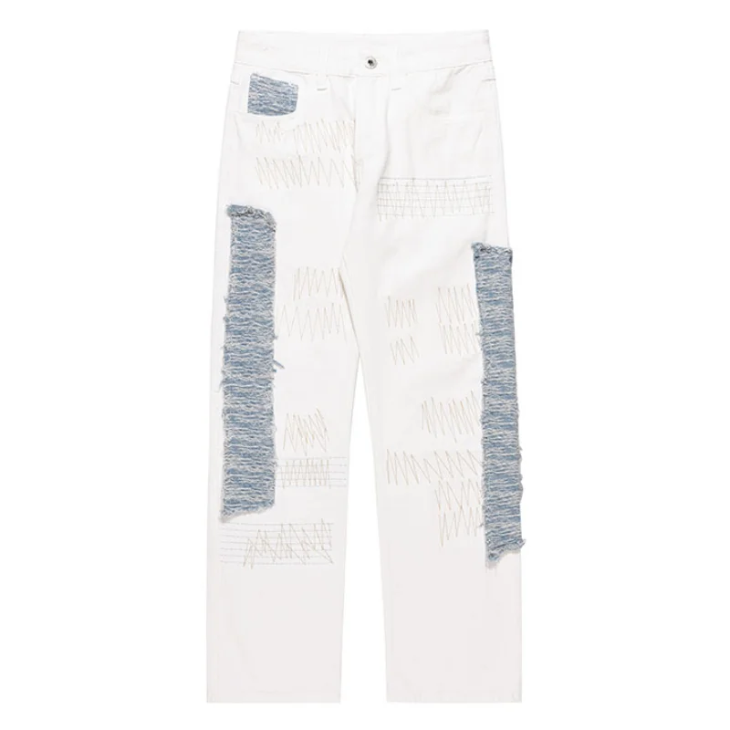 Irregular Sewing Scratched Patchwork Denim Jeans Men Casual Straight Biker Zipper Trousers Streetwear Hip Hop Jean Pants Joggers
