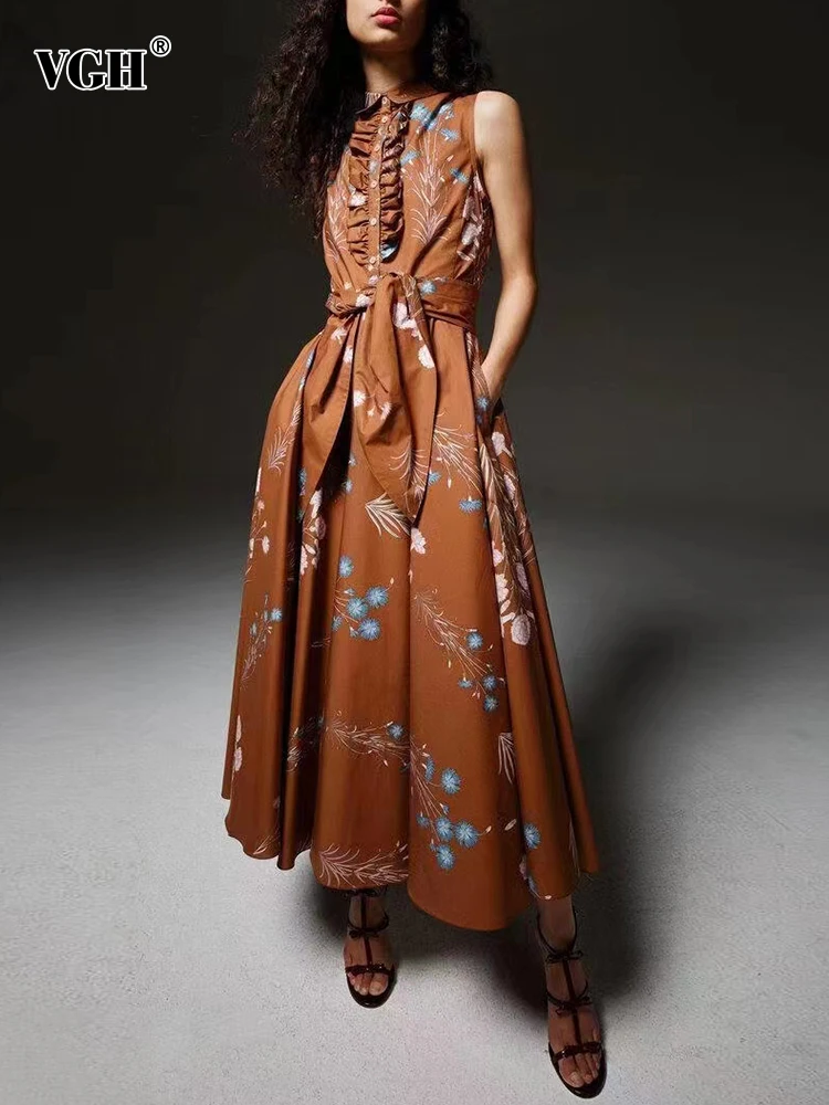 

VGH Edible Tree Fungus Sleeveless Folds Dresses For Women Lapel High Waist Patchwork Binding Printing Dress Female Summer 2023