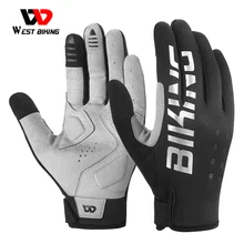 WEST BIKING Autumn Winter Cycling Thermal Gloves Man Touch Screen Full Finger Gloves SBR Shock Absorption Reflective Bike Gloves