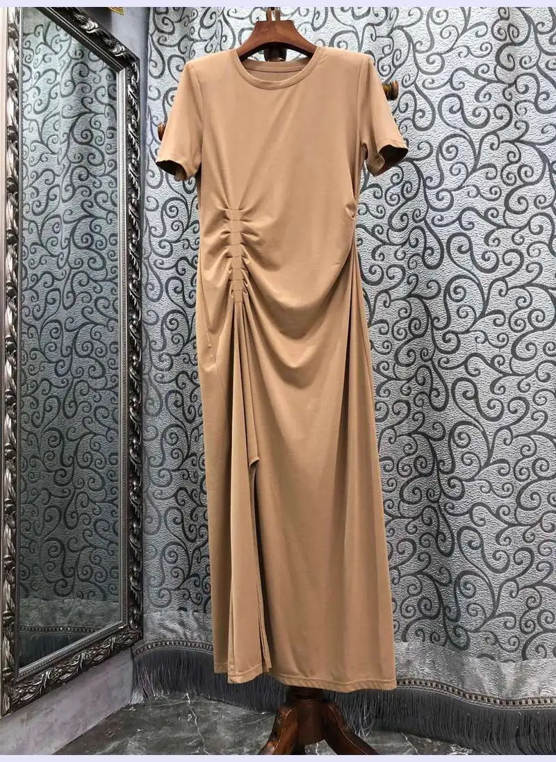 

100%Cotton Long T-Shirt Dress 2022 Summer Fashion Style Ladies Pleated Deco Short Sleeve Mid-Calf Khaki Black Long Tops Dress
