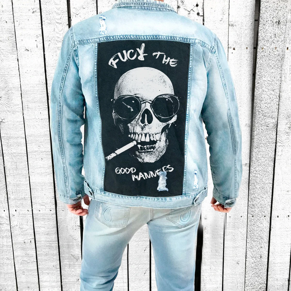 

Men's Spring and Autumn New Retro Youth Denim Jacket Street Fun Skull Personality Print Pattern Washed Hole Denim Jacket