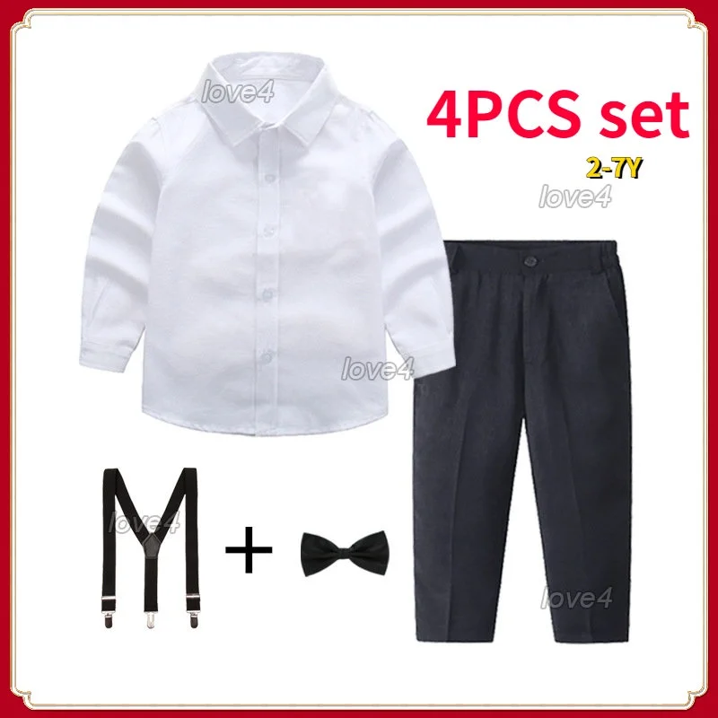 

Boss Baby Outift Gentleman Suits for Kids Boy Formal White Polo Shirt Suspenders Pants Tie Outfits 4pcs Children's Clothing Set
