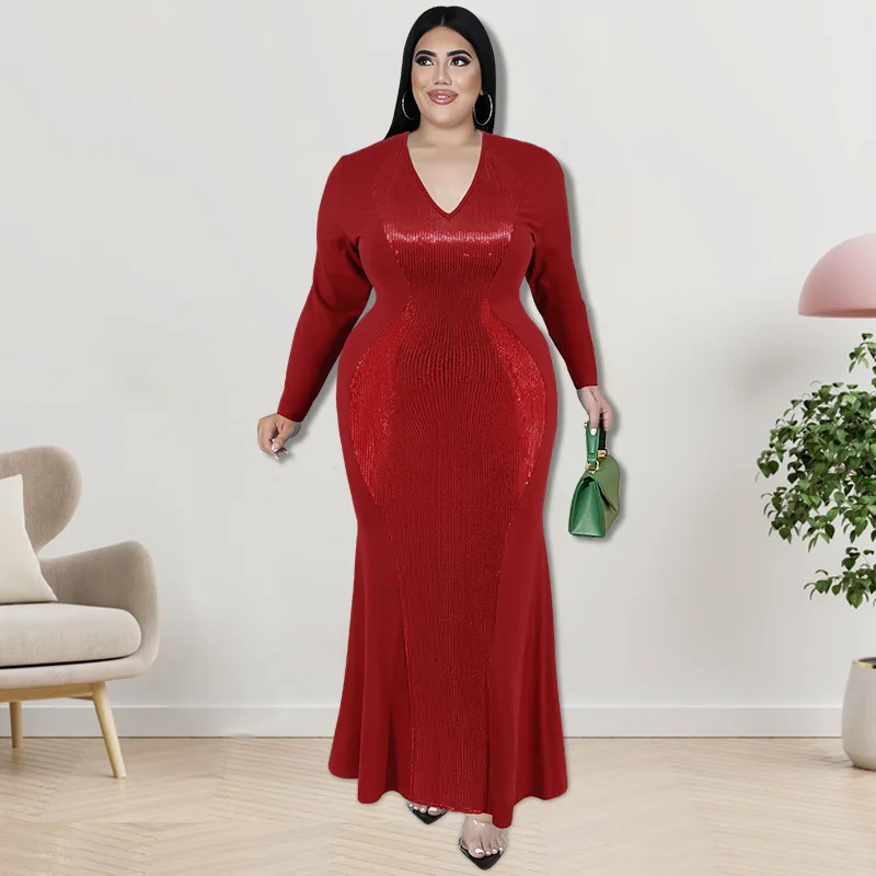 Plus Size Evening Dress Dress 5xl V Neck Long Sleeve Sequin Tight Fishtail Skirt 2022 Fall Winter Women's Party Sexy Long Dress
