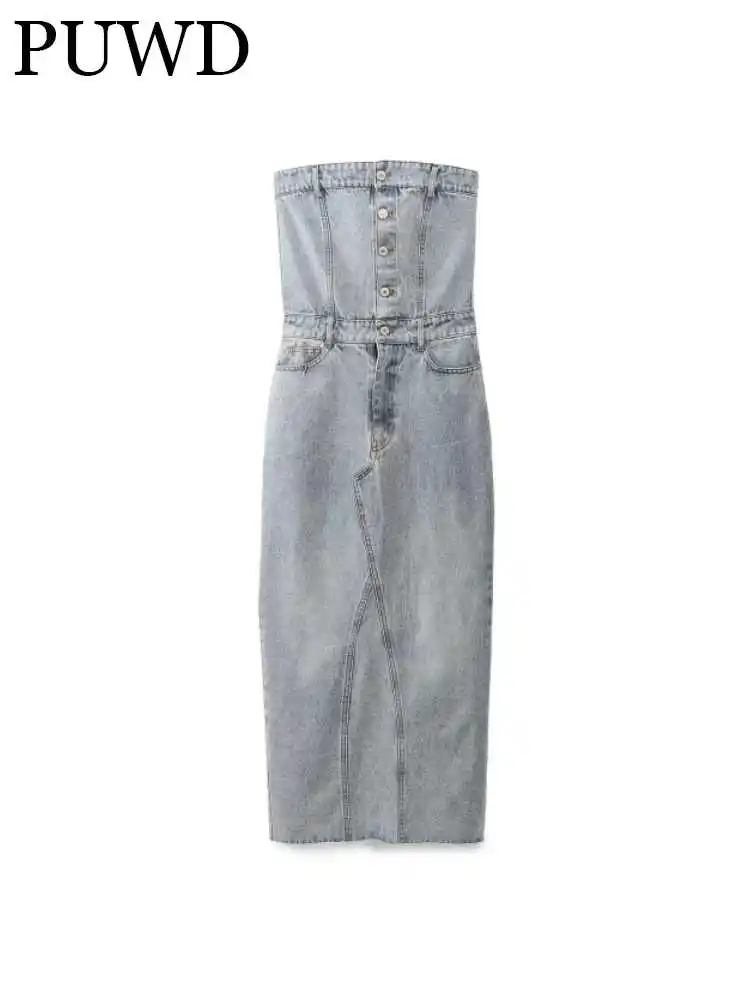 

PUWD Women Fashion Button Denim Strapless Dress 2023 Spring Vintage Light Blue Zipper Sleeveless Female Dress Mujer