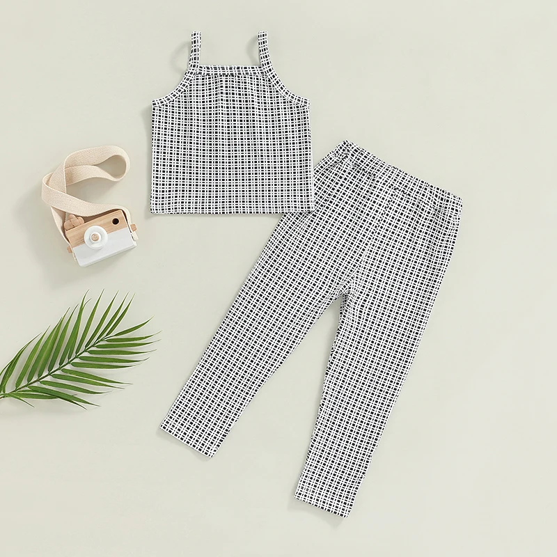 

1-5 Years Sleeveless Sets Kid Girls 2pcs Suit, Sleeveless Plaid Off Shoulder Vest Shirt Casual Party Street Long Trousers
