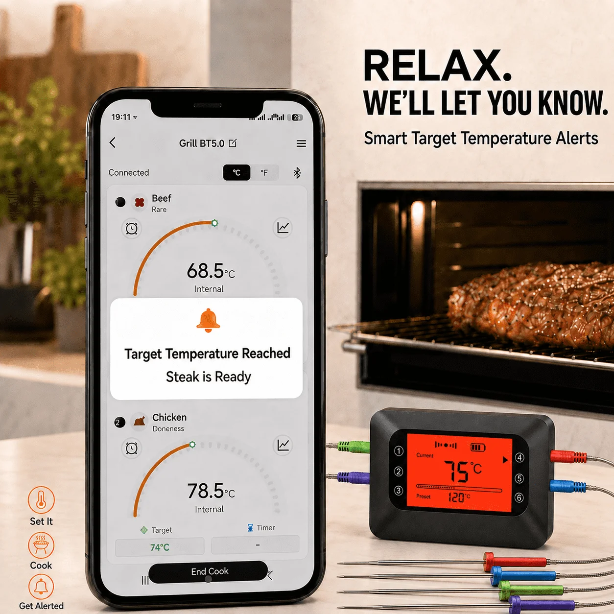 Беспроводной термометр для мяса с Bluetooth, с функцией удаленного управления через приложение и сигнализацией, поддерживает подключение до 6 датчиков для барбекю, духовки, измерения температуры воды. (art.: 3920dcecb4d69) - 3920dcecb4d69