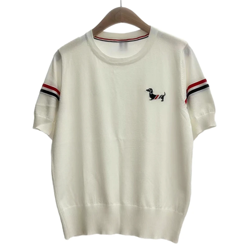 

High Quality Summer New TB Academy Style Double Sleeve Ribbon Colored Dog Embroidery Ice Silk Short Sleeve T-shirt Thin Style