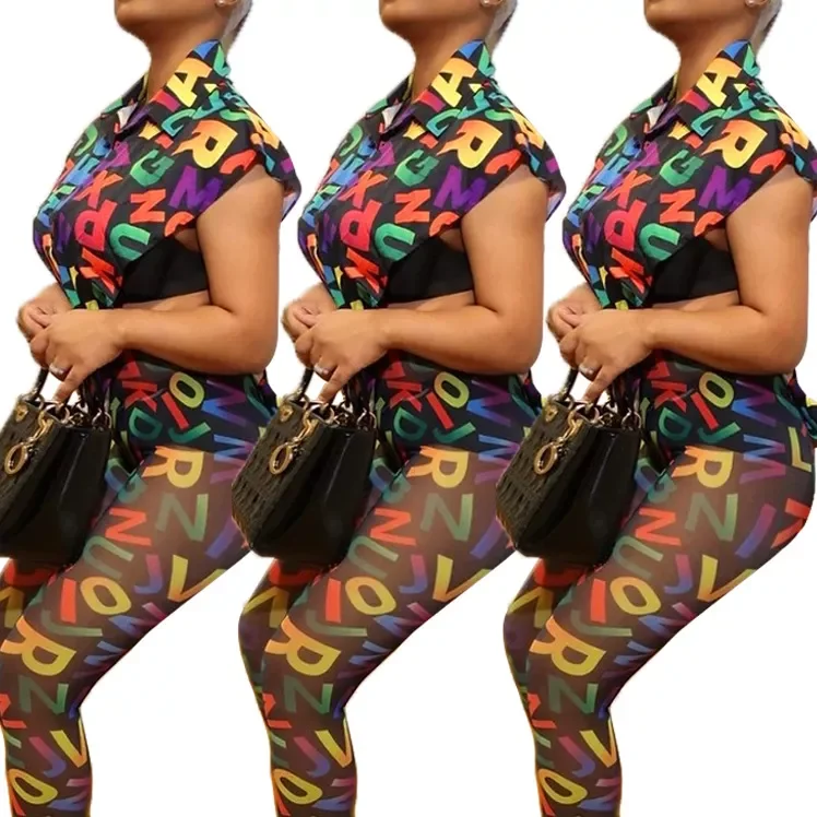 

NEW IN Tracksuits Women Multicolor Letters Print 2 Piece Set Summer Irregular Sleeveless Shirt Vest Top + Leggings Pants Sexy Cl