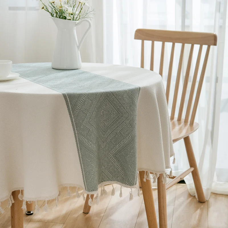 Green Jacquard Geometric Tablecloth with Tassel Round Table 