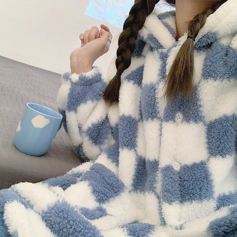 Yasuk Winter Women Girl Casual Warm Soft Hooded Sleepwear Pajamas With Pant Velvet Fleecel Cute Thick Pocket Plaid Simple