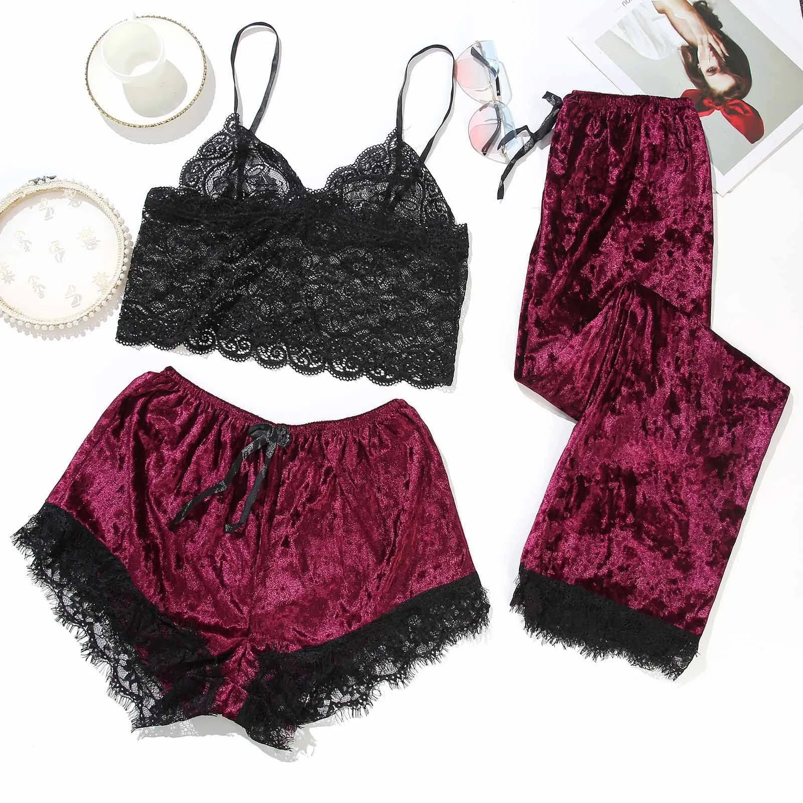 

Casual Solid New Women V Neck Silky Satin Pajamas Set Elastic Waist Leisure Two Piece Suit Lace Nightwear Female Sexy Sleepwear