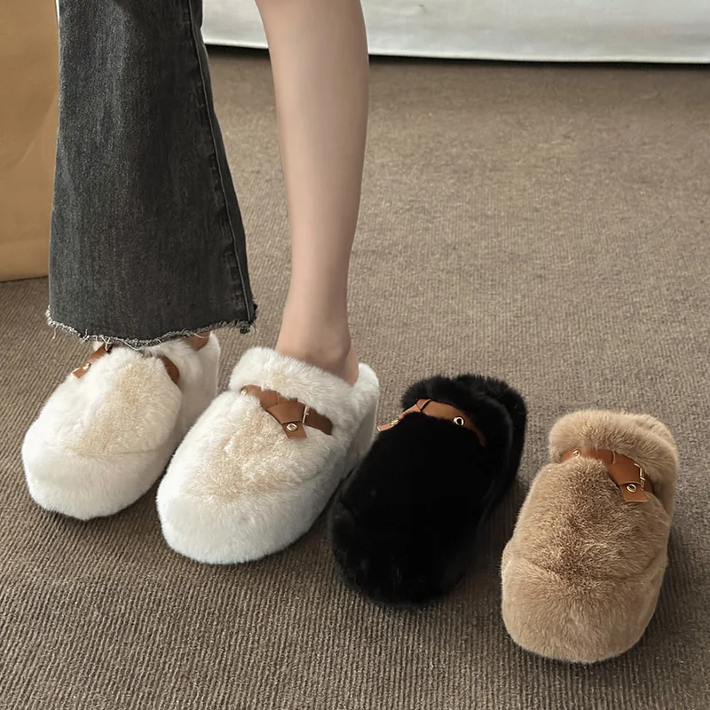 

Slippers Casual Shoes Woman 2023 Pantofle Heeled Mules Cover Toe Fur Flip Flops Flock Platform On A Wedge Luxury New High Plush