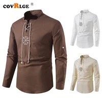 covrlge casual loose style top beach stand collar spring summer mens cotton linen henley long sleeve hippie men clothes mcl353
