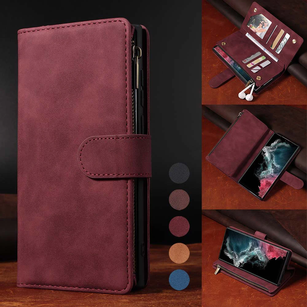 

Zipper Wallet Phone Case For Samsung Galaxy Note 20 Ultra 10 Pro 9 S22 Plus S21 FE S20 S10 S10e S9 S8 Card Slots Leather Cover