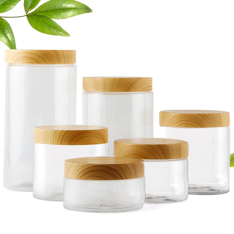 100ml 200ml 300ml 500ml Empty Clear Pet Jars Containers With Imitation Wood Texture Lids  Jar Home Plastic Seasoning Bottle