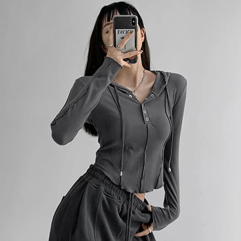 

2023 Autumn Casual Crop Tops Fashion T-Shirts For Women Hooded Sweatshirt Long Sleeve Tees Y2k Clothes Korean Tshirts Ropa Mujer