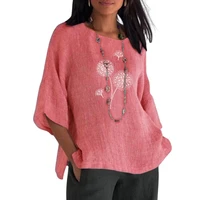 o neck three quarter sleeves women blouse simple floral print side split pullover top streetwear