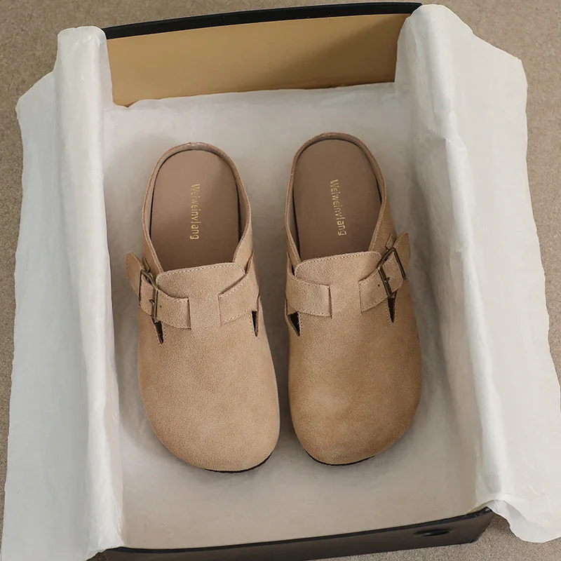 

2023 Summer Women's Outerwear Slippers Cowhide Design Ladies Casual Baotou Flats Korean Style Leather Mules 41-43