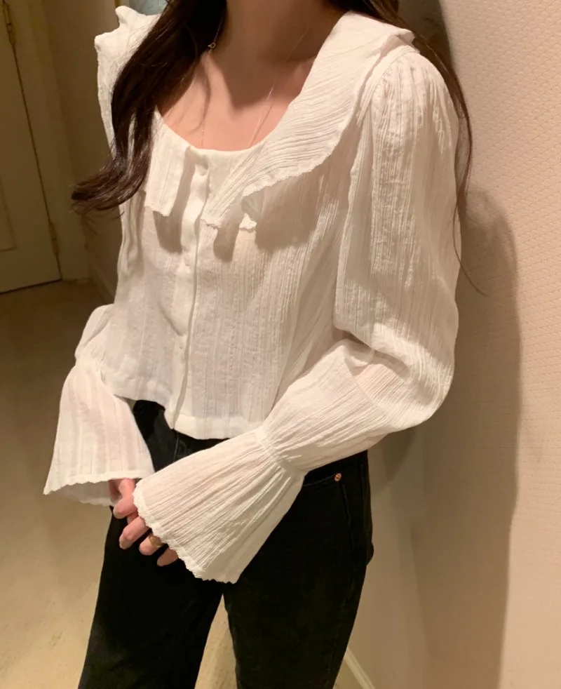 Женские рубашки с милыми оборками блузки расклешенными длинными рукавами Blusas Mujer