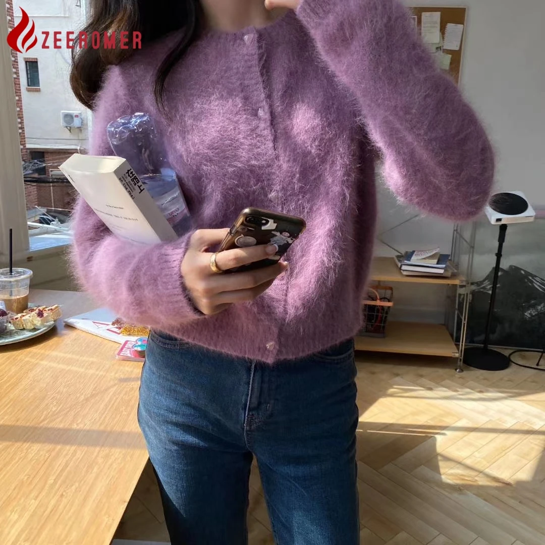 

2023 Autumn Winter Korean Chic Mink Cashmere Knitted Cardigan Women O-Neck Long Sleeve Single Breasted Thick Warm Sweater Coat
