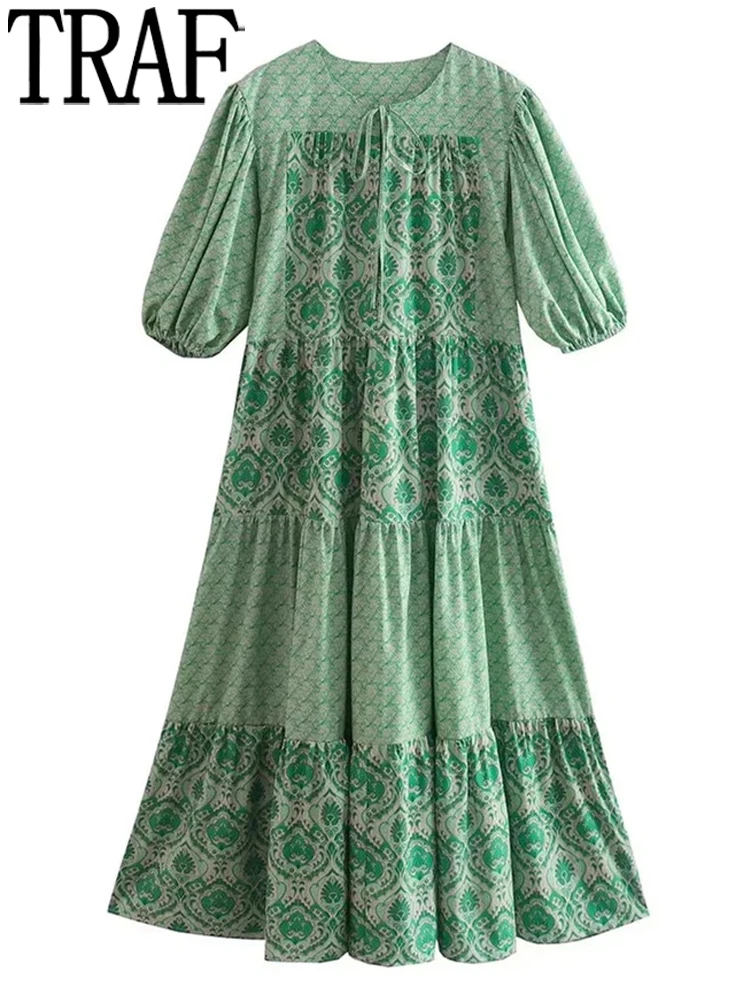 

Зеленое Длинное женское платье с винтажным принтом TRAF, летние женские платья 2022, платье с коротким пышным рукавом и оборками, женские повсед...