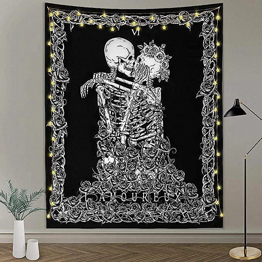 

Skull Tapestry Skeleton Lovers Death Tarot Card Black White Tapestries Skull Kissing Lovers Wall Hanging Romantic Decor for Room