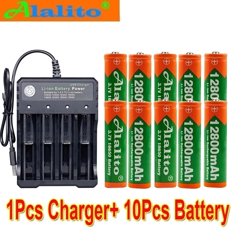 Alalito 3.7V 18650 12800mAh Rechargeable Battery 2/4/8pcs + 4 Slots USB charger |