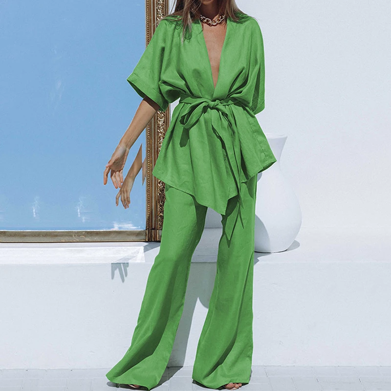 

Женский винтажный костюм из хлопка и льна, Свободный Повседневный однотонный комплект из топа с V-образным вырезом и прямых брюк с коротким ...