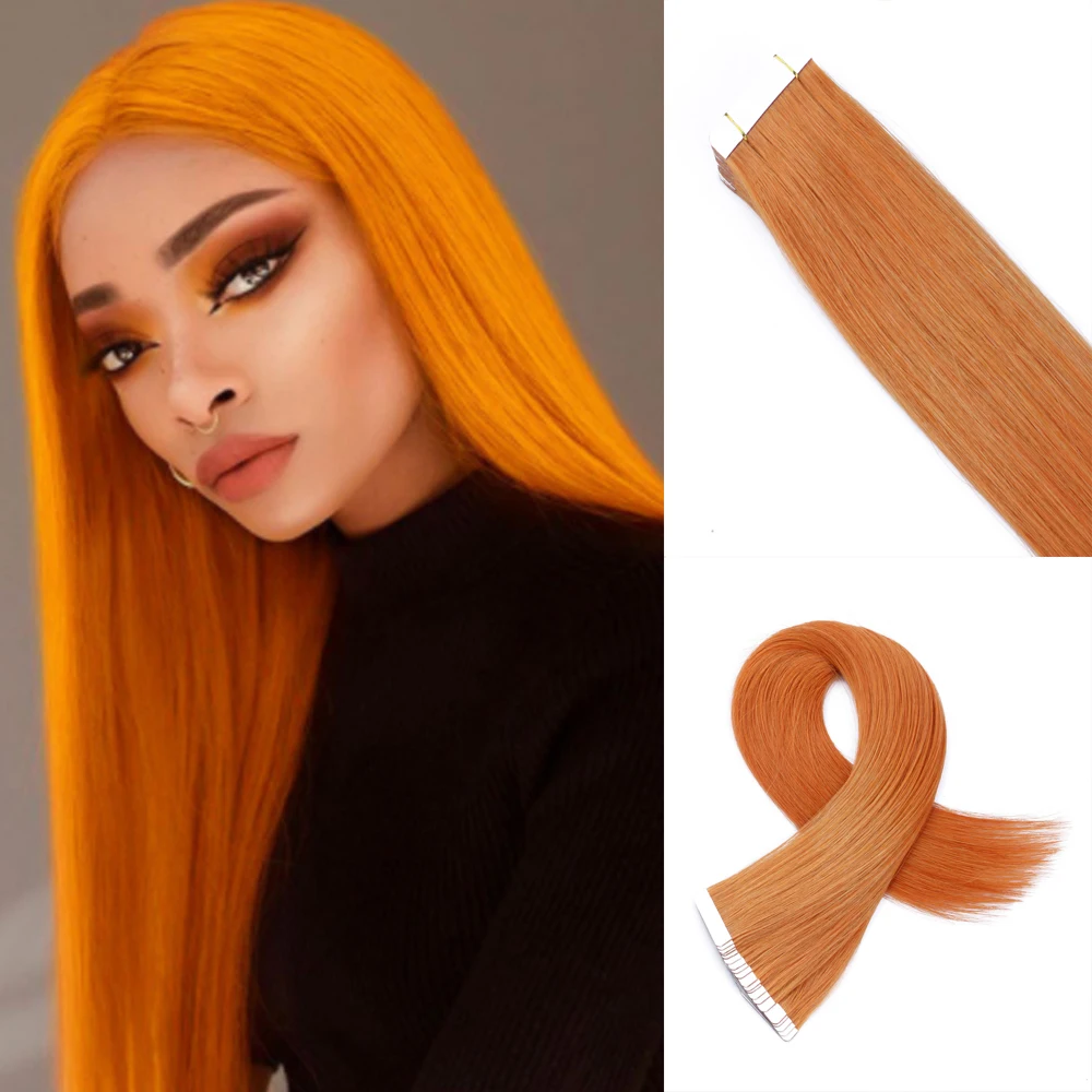 Soft Ginger Orange Tape In Human Hair Extensions Skin Weft Hair Extensions Adhesive Invisible Cosplay Silky Straight Human Hair