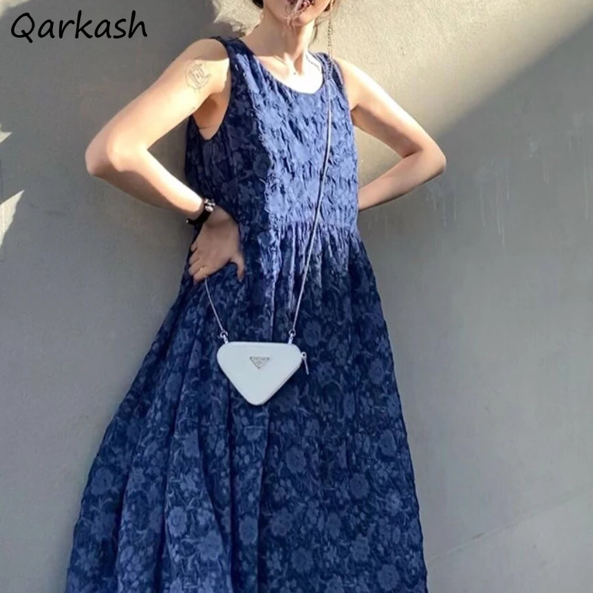 

Women Printed Dresses Blue Vintage Sleeveless Temperament L-3XL Loose Soft Slouchy Fashion High Quality 2021 Newest Elegant New
