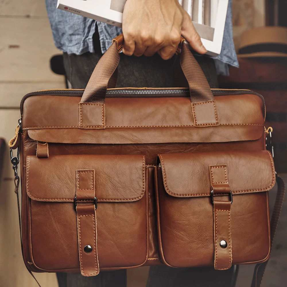 Nesitu Brown Black A4 Genuine Leather 14'' Laptop Executive 