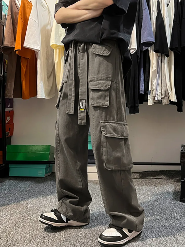 

SYUHGFA 2022 Vintage Multi Pocket Casual Men's Cargo Pants Harajuku Streetwear High Street Straight-leg Trousers Male Clothes