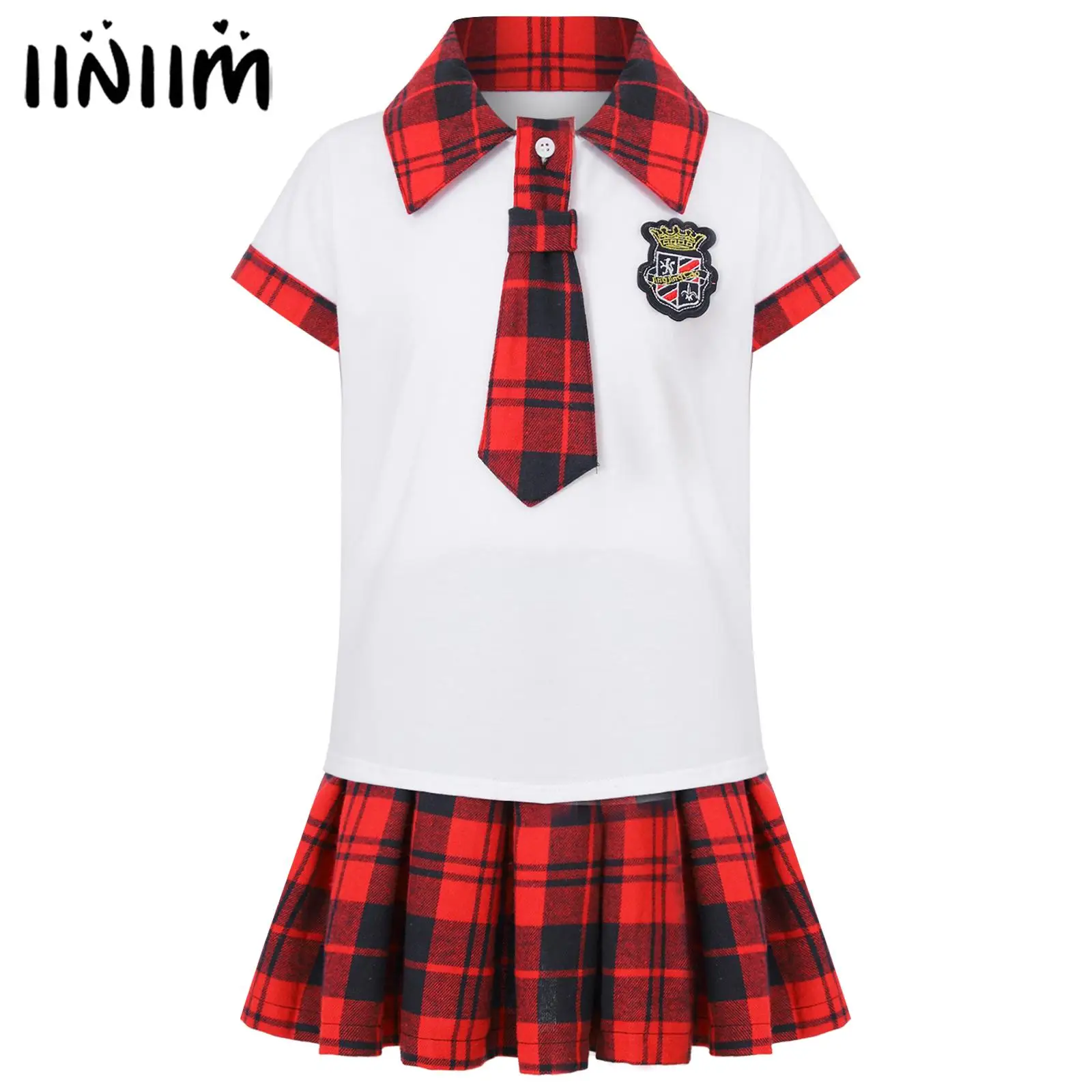 

Детская униформа для школы и колледжа для девочек, костюмы для школьников, клетчатый топ с отложным воротником и шнуровкой спереди с клетчатой юбкой