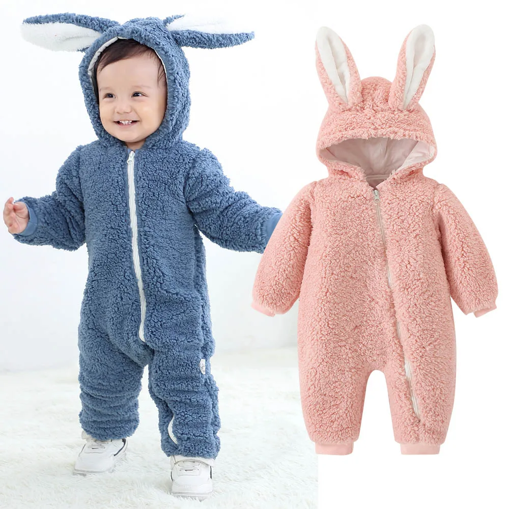 

Winter Baby Rompers Newborn Boys Girls Clothes Rabbit Ear Hooded Jumpsuit infant Costume Fleece Thick Baby boys Romper pajamas