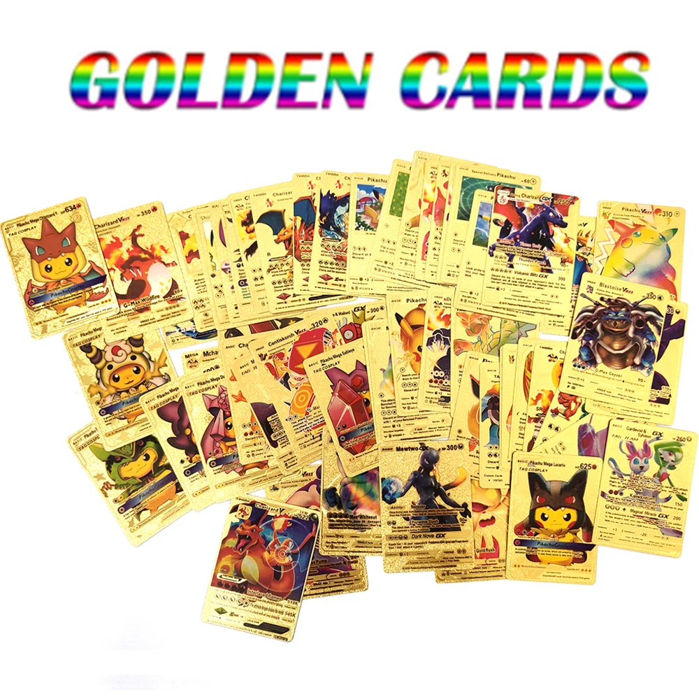 

27/54pcs Pokemon Gold Card Box Golden Letters Spanish/English Playing Cards Charizard Vmax Gx Collection Game Ca