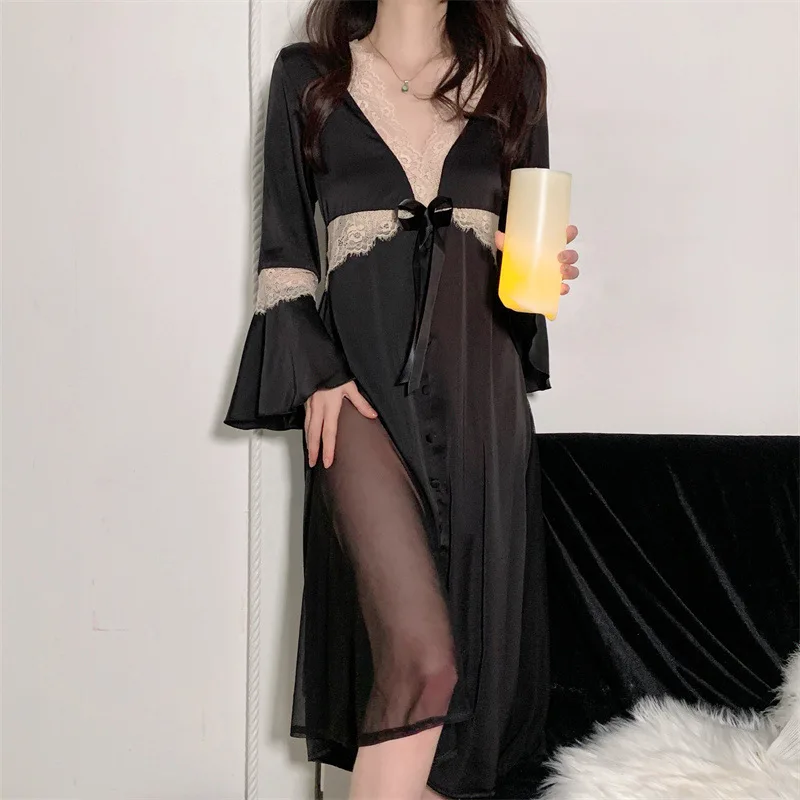 

Sexy Silk Lace Sleepwear Vintage Princess Nightgowns Women French Bridesmaid Dress Long Sleeve Nightdress Wedding Party Clothes