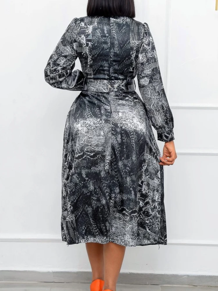 Belt Spring Long Sleeve High Waist Printed Large Size elegant dresses plus size women clothing